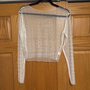 White pearl and rhinestone mesh top